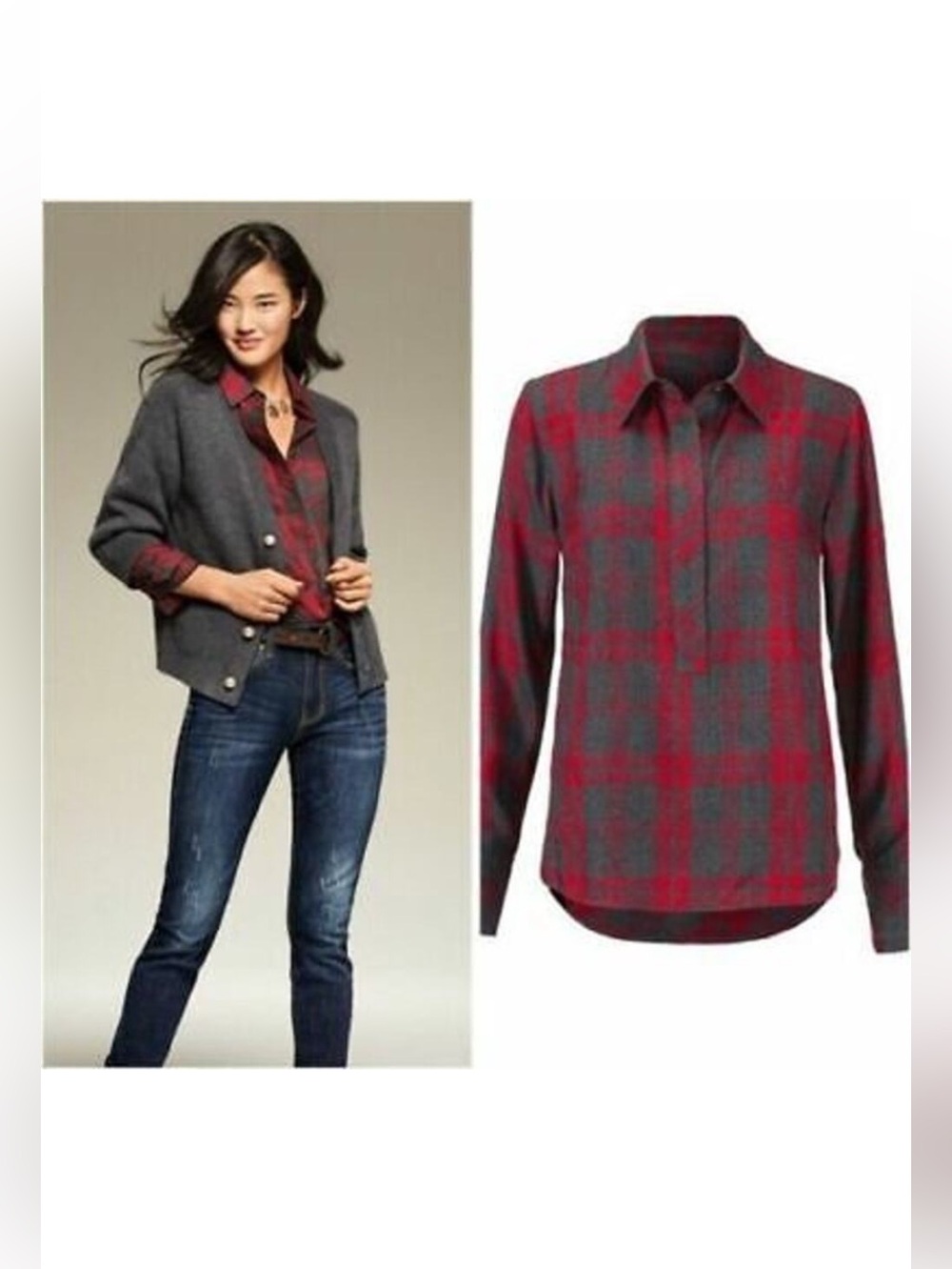 CAbi Women’s Cunningham Red And Gray Plaid Popover Top Size Medium